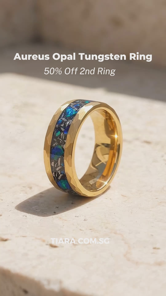 Aureus Opal Hammered Gold Opal Inlay Tungsten Carbide Ring | Men&