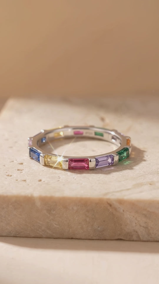 Rainbow Baguette Eternity Ring | 925 Sterling Silver | Prm5006