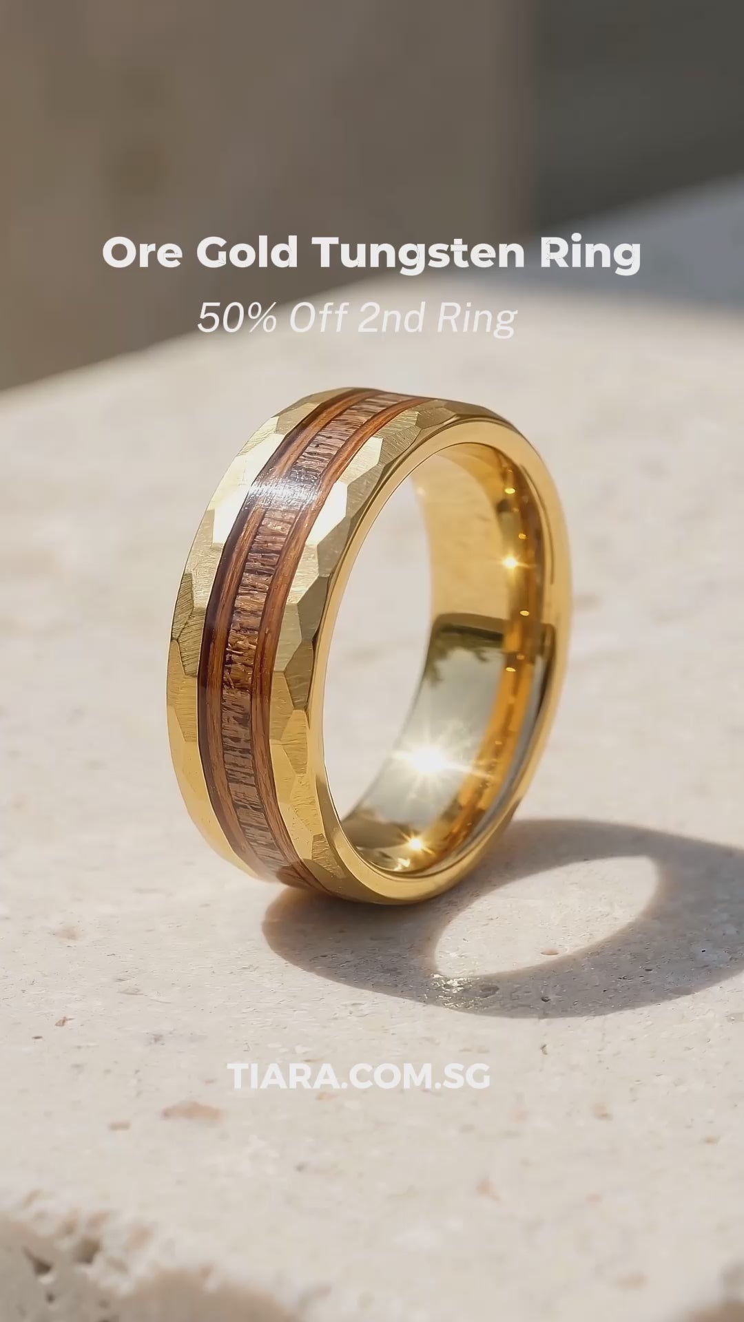 Ore Gold Hammered Wood Antler Inlay Tungsten Carbide Ring | Men&