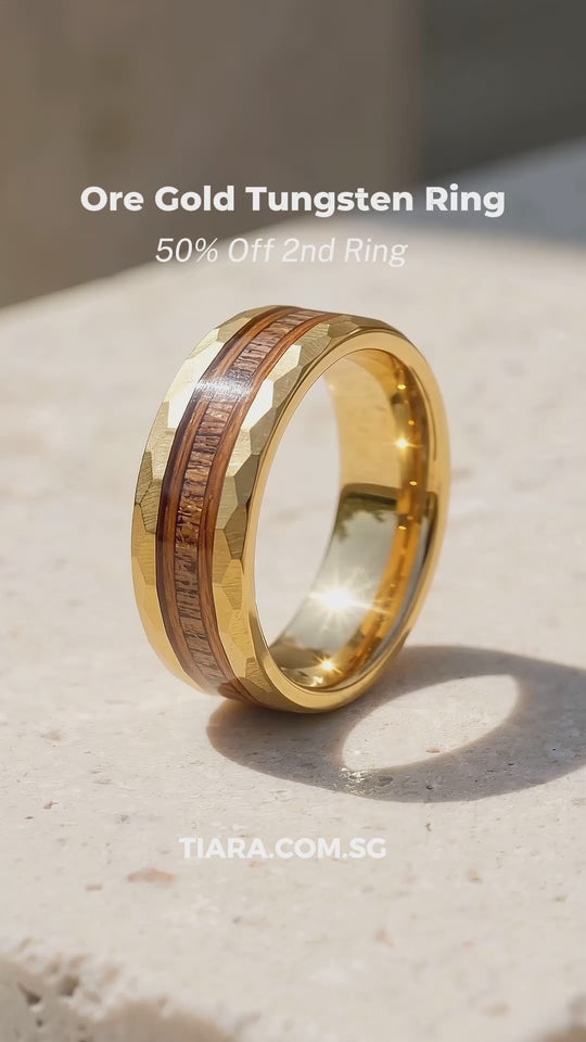 Ore Gold Hammered Wood Antler Inlay Tungsten Carbide Ring | Men&