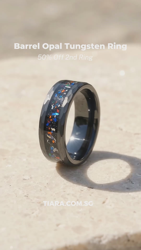 Barrel Opal Meteorite Inlay Black Tungsten Carbide Ring | Men&