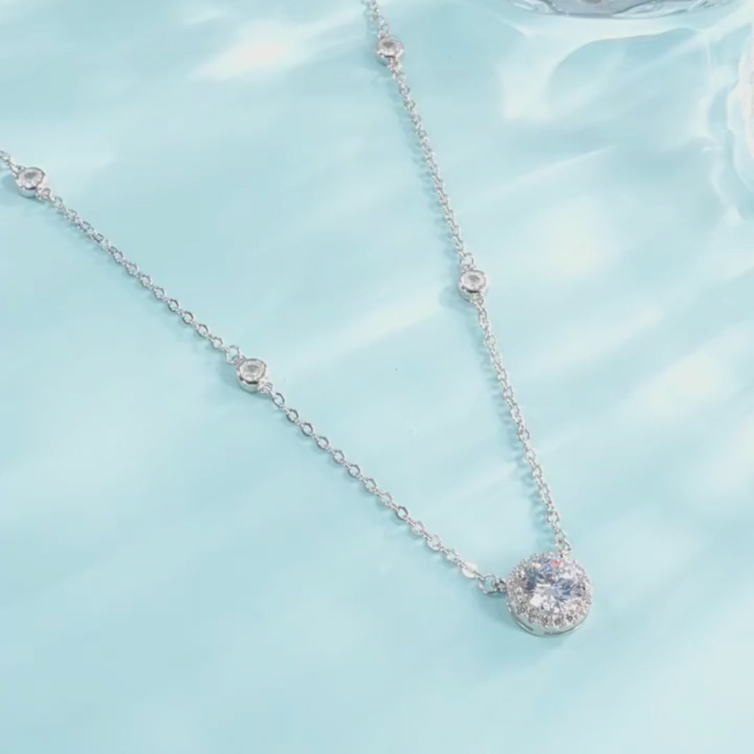 Round Halo Station Moissanite Pendant Necklace | PRM2007
