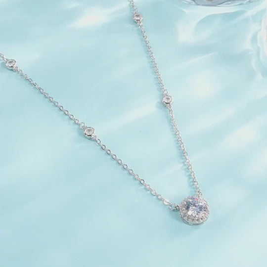 Round Halo Station Moissanite Pendant Necklace | PRM2007